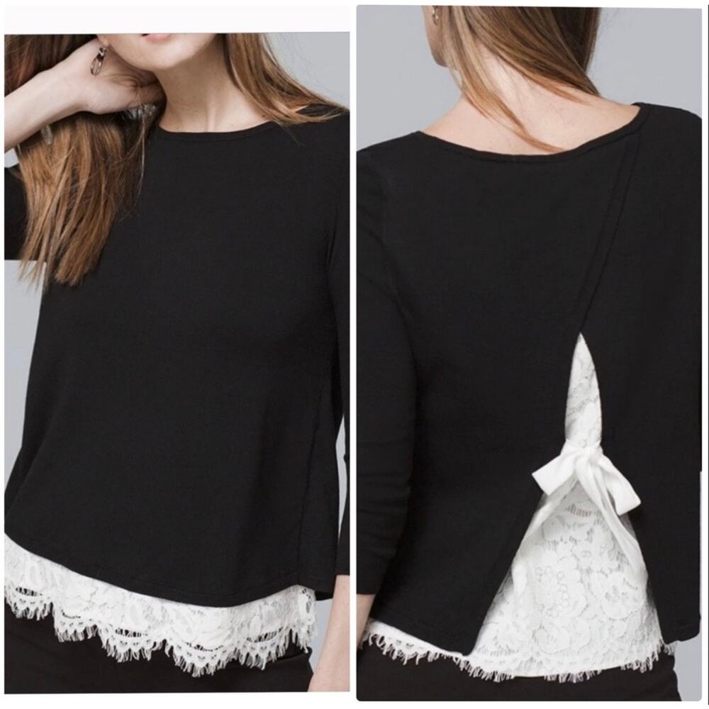 White House Black Market Top Blouse Womens XS Black Lace Back Coquette Tie